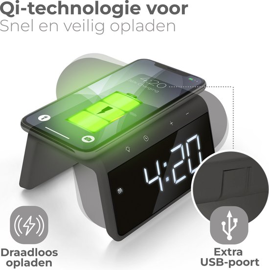 Digitale wekker in antracietgrijs met Qi draadloos opladen en USB-poort. Toont 4:20 en 36% batterij.
