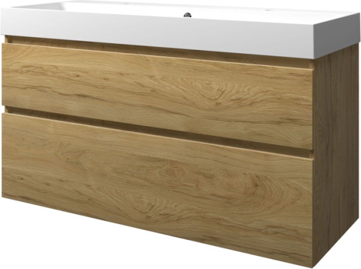 Proline polystone Loft badmeubelset met wastafelonderkast met 2 asymmetrische lades en polystone wastafel met 2 kraangaten 120 x 70 x 46 cm, ideal oak