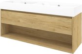 Proline Porselein Loft badmeubelset met wastafelonderkast met open schap en glans witte wastafel zonder kraangaten 140 x 46 x 62 cm, ideal oak