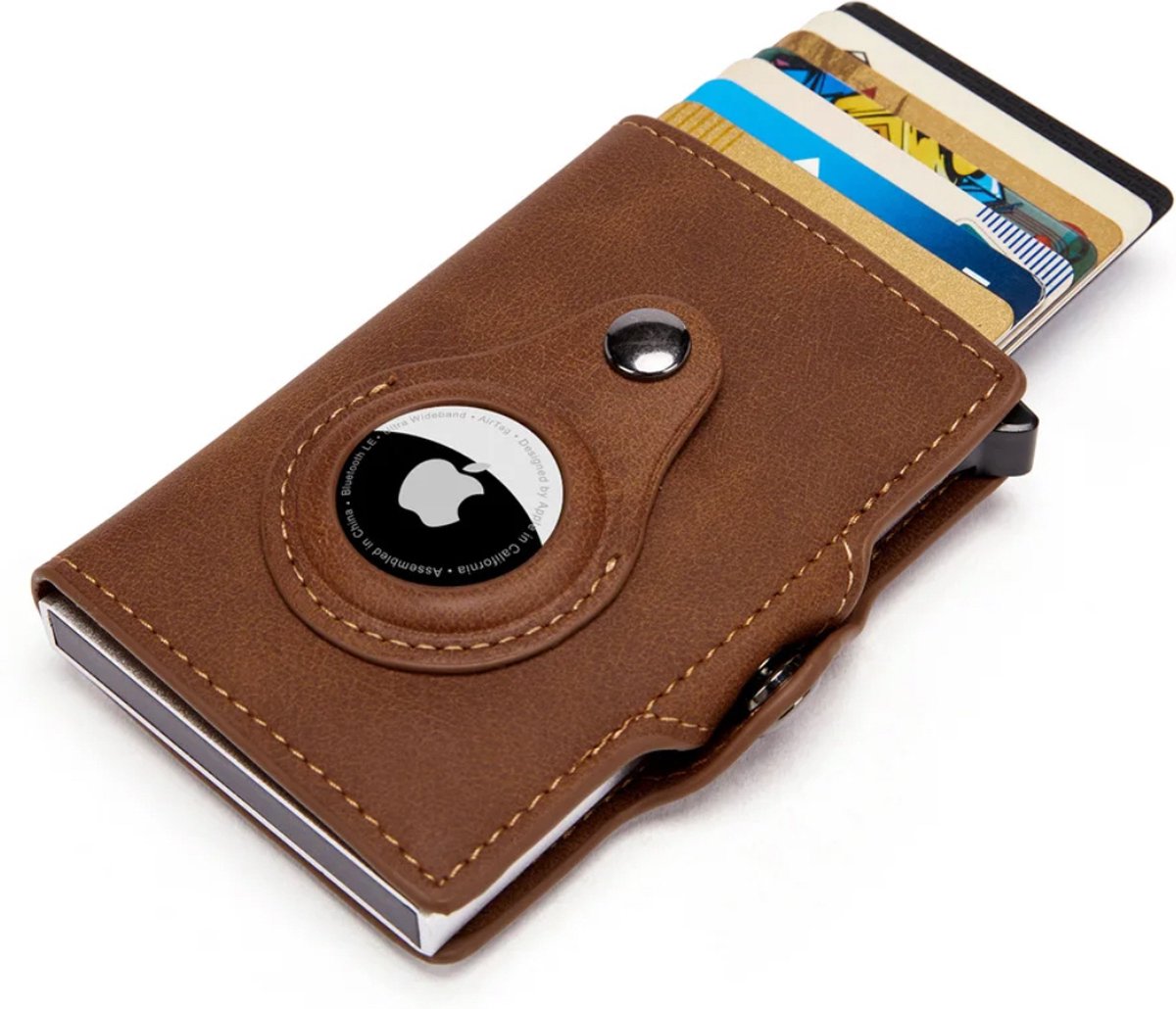 Pasjeshouder met AirTag Houder - Leer - Pasjeshouder Uitschuifbaar - Bruin - Cardholder - Portemonnee Heren & Dames - Kaarthouder met plek voor Airtag - Portefeuille - DELAGO