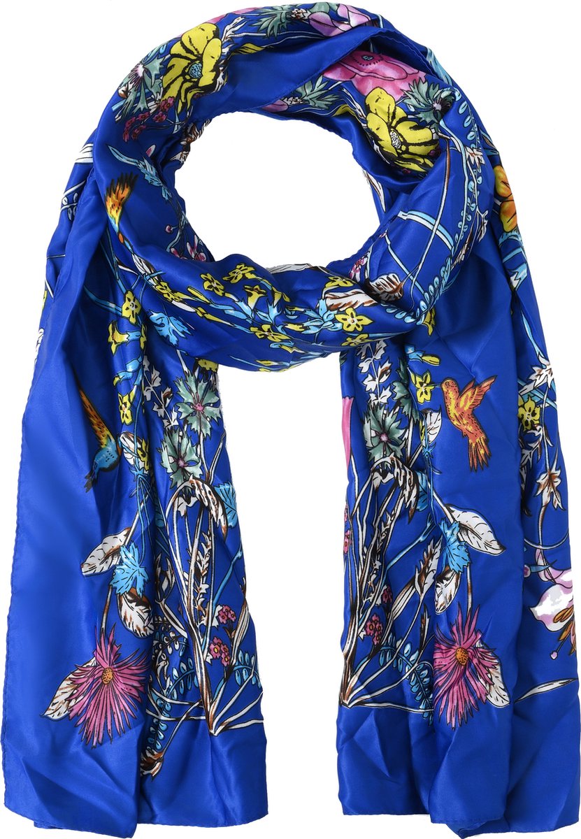 Nouka Blauwe Multicolor Dames Sjaal– Satijnen Gevoel - Warme & Lichte Sjaal – Bloemenprint – Alle Seizoenen - 70 x 180 cm