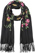 Nouka Zwarte Multicolor Dames Sjaal- Warme & Lichte Sjaal – met Bloemenprint – Herfst / Winter – met Franjes - 70 x 180 cm