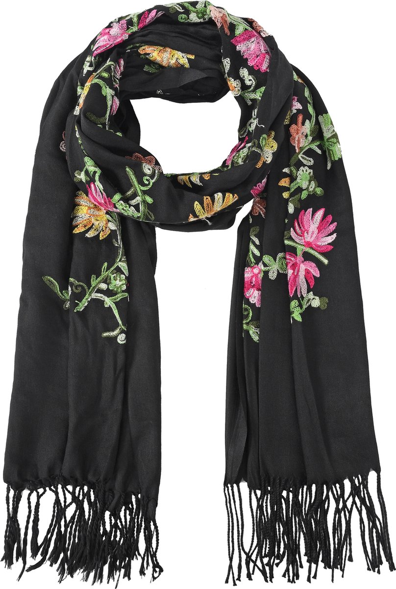 Nouka Zwarte Multicolor Dames Sjaal- Warme & Lichte Sjaal – met Bloemenprint – Herfst / Winter – met Franjes - 70 x 180 cm