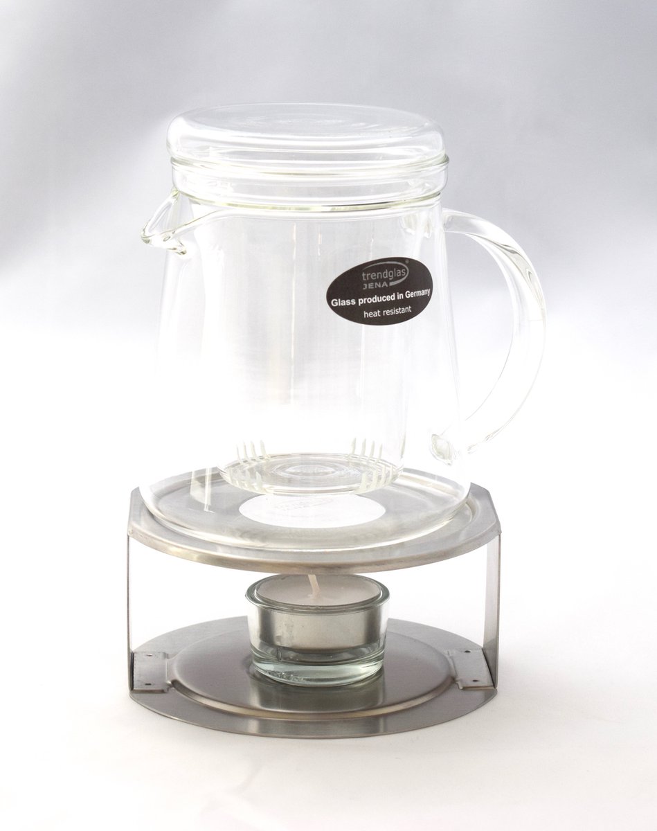 Trendglas Jena - Glazen theepot met glazen thee filter - Tea4two G 0.4 liter + RVS warmhouder