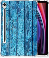 Cover Geschikt voor Samsung Galaxy Tab S9 Siliconen Hoesje met naam Personaliseren Wood Blue met transparant zijkanten