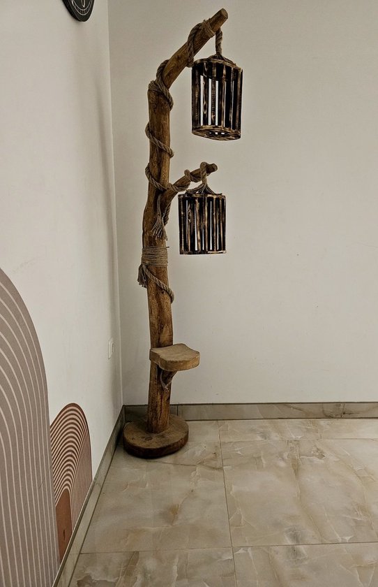 Unieke handgemaakte boomstamlamp incl houten lampenkappen