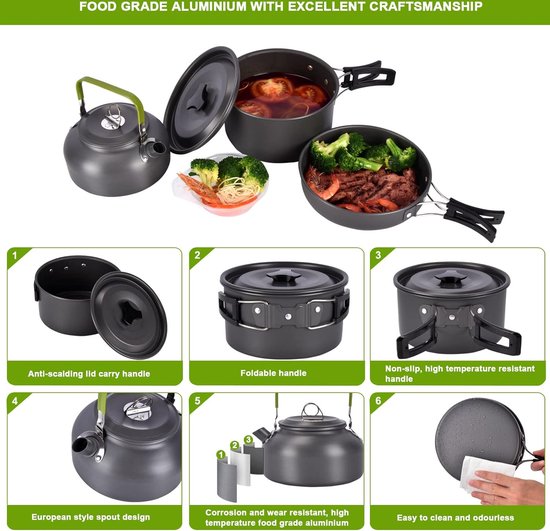 10-delige pannenset, picknickpotten, campingpannenset, draagbare campingwaterkoker, kookuitrusting voor wandelen, backpacken, buiten en grillen (2-3 personen) — afbeelding 5