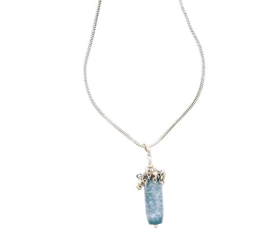 Behave Lange ketting zilver-kleur met blauwe hanger en steentjes 75 cm
