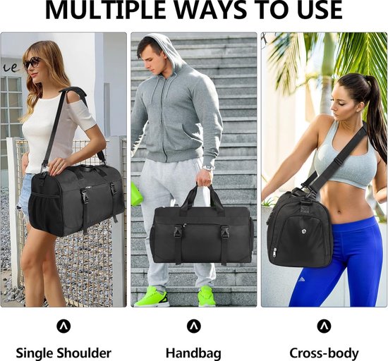 Sac de fitness pour hommes, noir, sac de sport, sac de sport, sac de sport avec compartiment à chaussures et compartiment humide, sac d'entraînement de fitness pour hommes et femmes, salle de sport/voyage/natation, 35 litres, noir