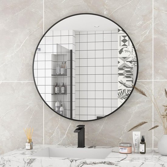 60 cm ronde spiegel zwart wandspiegel met geborsteld metalen frame voor badkamer, wastafel, woonkamer, slaapkamer, entree wanddecoratie