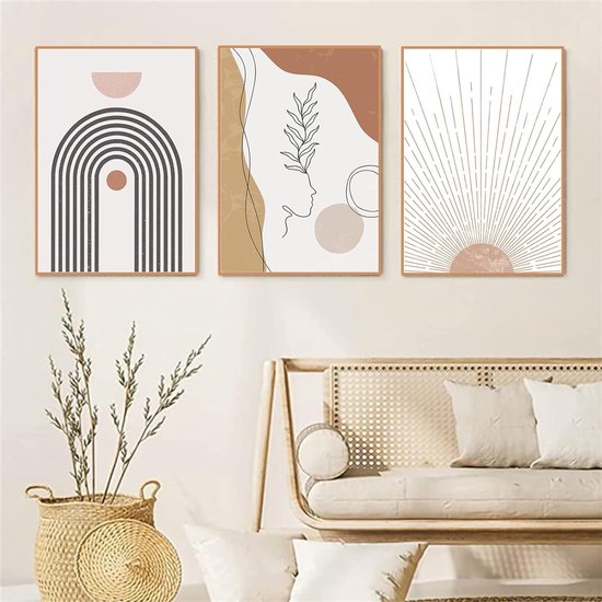Boho posterset, 3-delige set, wandafbeeldingen, abstracte lijntekening, vrouw, bloemen, canvas, kunstposter, wanddecoratie voor woonkamer, slaapkamer, zonder lijst (50 x 70 cm)