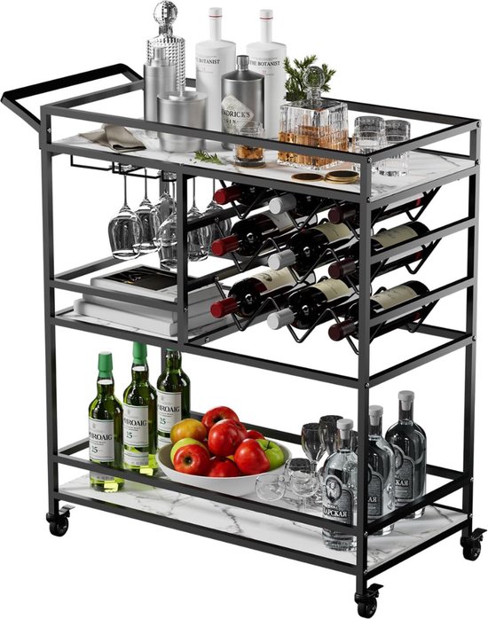 Chariot De Service Avec étagère à Vin - 3 Niveaux, Roulettes 360°, Style Industriel Bois Noir 64x35x85 Cm