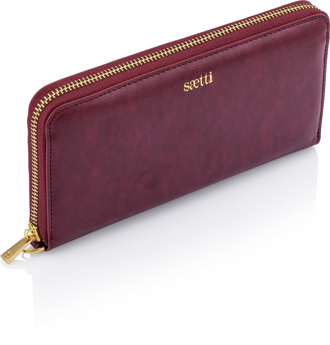 Saetti Clutch Portemonnee - Dames Portefeuille - Vrouwen Avondtas Clutch - Met Rits en Muntvak - Burgundy Rood - Echt Leer