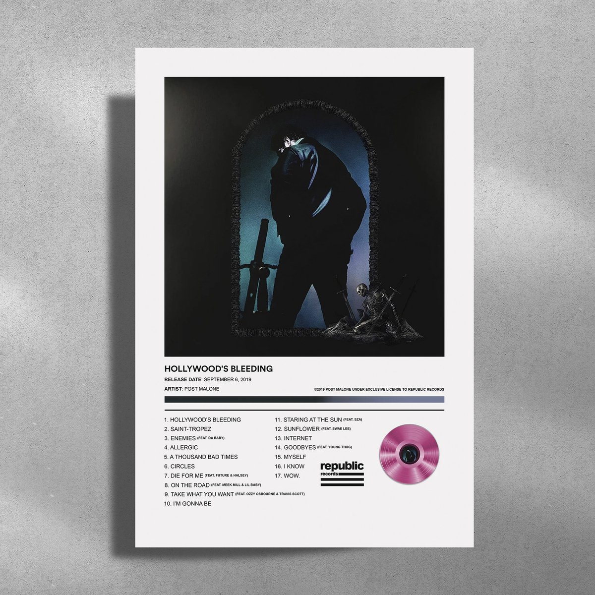 Luxe poster Post Malone - Metalen Poster 30x40cm - Hollywood's Bleeding roze