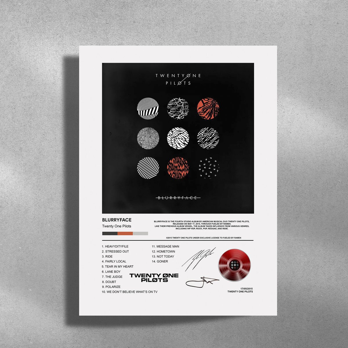 Luxe poster Twenty One Pilots - Blurryface - Metalen Poster 30x40cm - album cover Rood