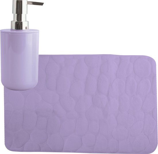 MSV badkamer droogloop mat/tapijt Kiezel motief - 50 x 80 cm - zelfde kleur zeeppompje 260 ml - lila paars