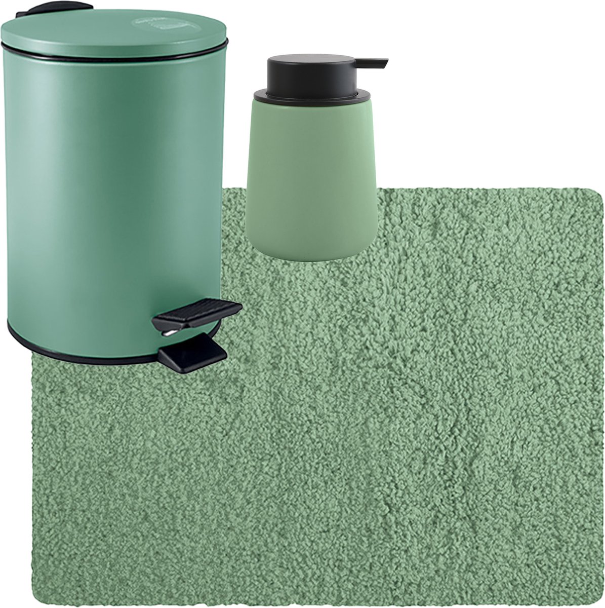 MSV badkamer droogloop tapijt langharig 50x70 cm pedaalemmer 3L zeeppompje 300 ml groen