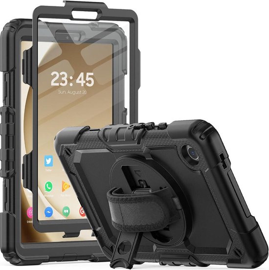 Hoes met ingebouwde Screenprotector Geschikt voor Samsung Galaxy Tab A9 | Inclusief 360° Draaibare Handriem en Schouderriem | Extreme bescherming | Ideaal voor zakelijk gebruik | Zwart