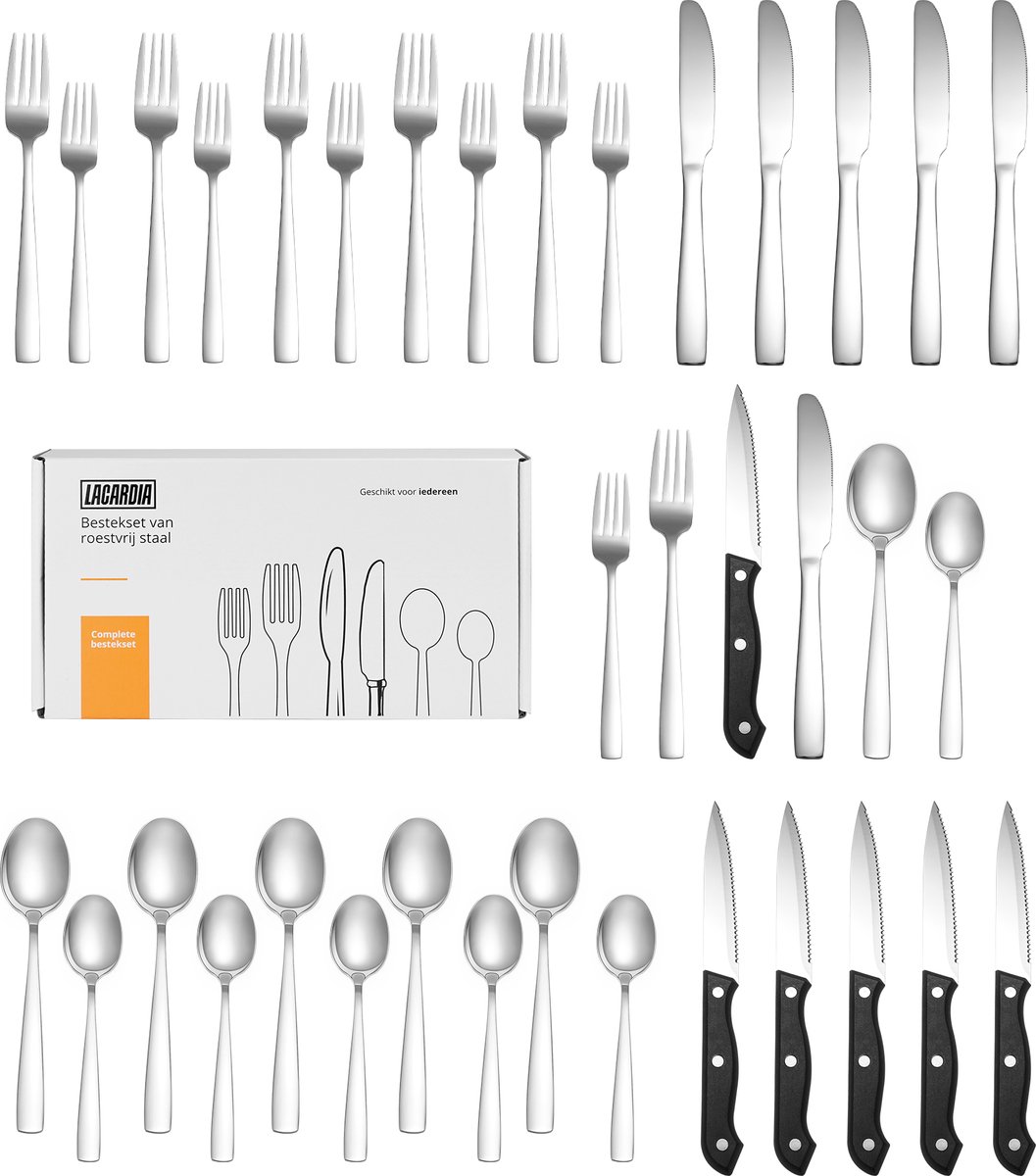 Bol.com LaCardia 6 Persoons Bestekset 36-Delig - Lepels - Messen - Vorken - Steakmessen - Vaatwasserbestendig - Bestek - Zilver/RVS aanbieding