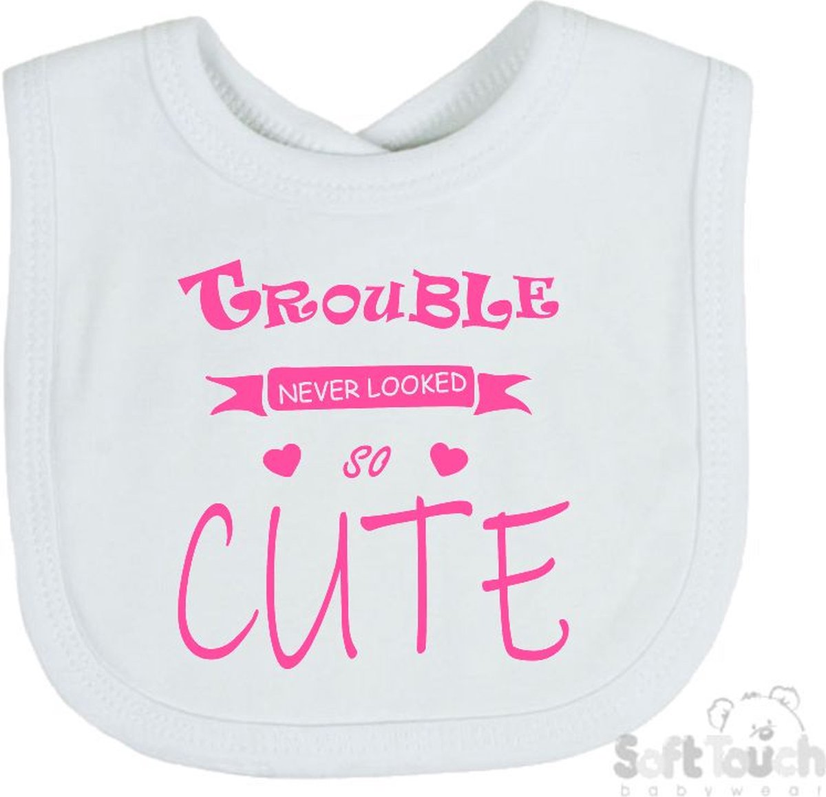 Goedkoopste Soft Touch Slabber Slabbetje Slab Trouble never looked so good Unisex Katoen Wit/roze Maat 33x22 Cm