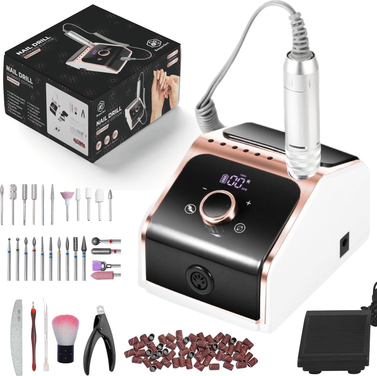 Beeperfect® Elektrische Nagelvijl Ultimate Edition - Nagelfrees - Manicure en pedicure set - 11 Bitjes en 100 Schuurrolletjes - Draadloos - 45.000RPM op Prijzenvolger.com