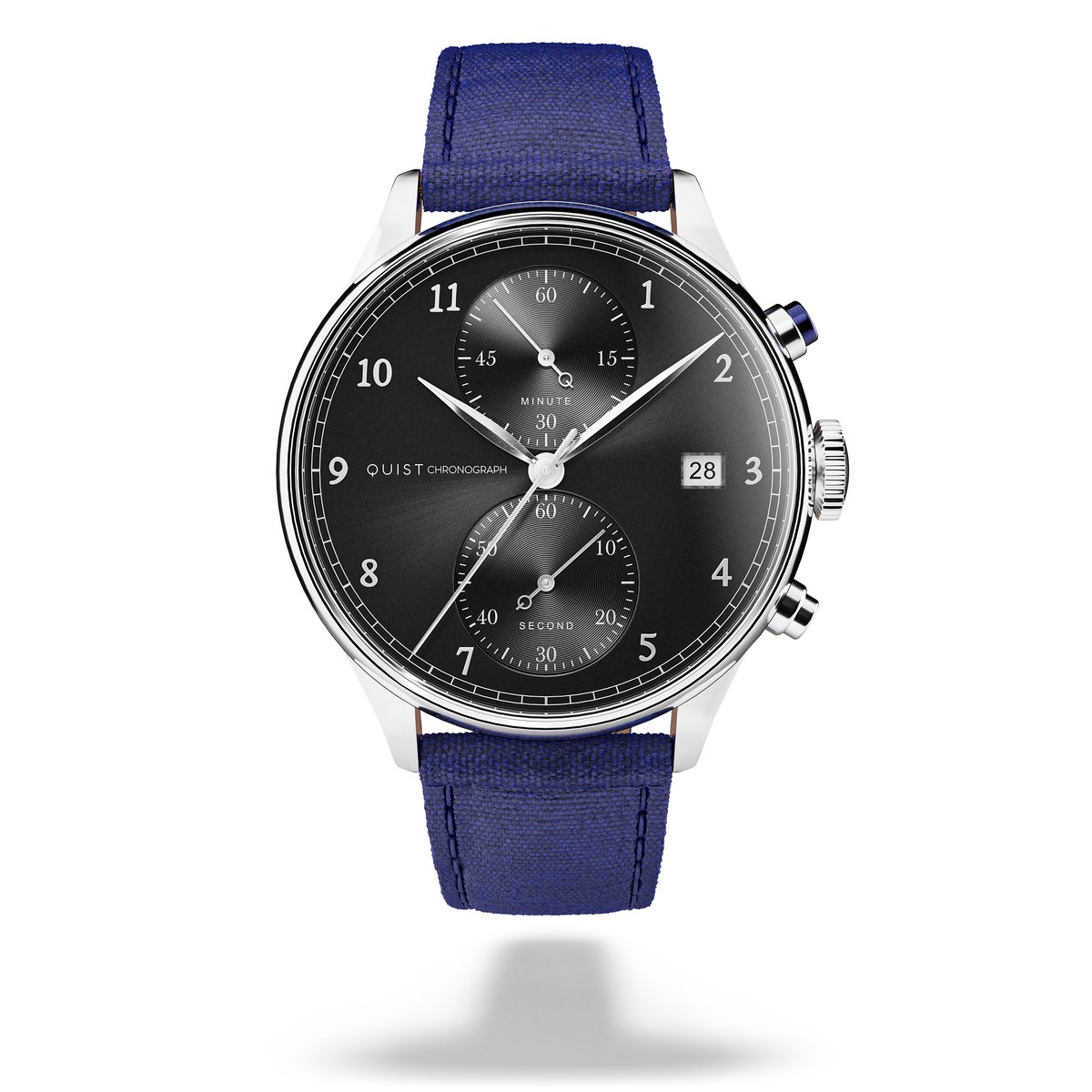 QUIST - Chronograph herenhorloge - zilver - zwarte wijzerplaat - blauwe cordura horlogeband - 41mm