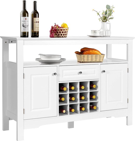 Dressoir keukenkast met deuren en laden, keukencommode hout, buffetkast, opbergkast, bijzetkast, wijnkast, 116 x 40 x 82 cm (wit)