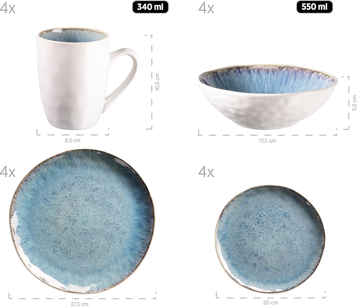 MÄSER Frozen Serviesset 16-delig - Keramiek Met Gespikkelde Look Voor 4 Personenen