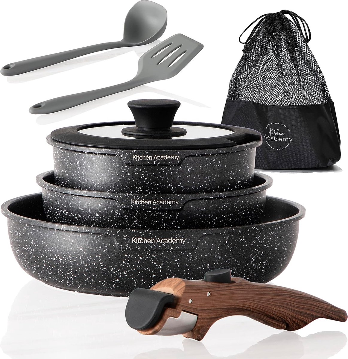 YASHE 20-Delige Pannenset Antiaanbak - Afneembare Handgrepen, Inductie & Oven Tot 230°C | Zwart Stapelbaar