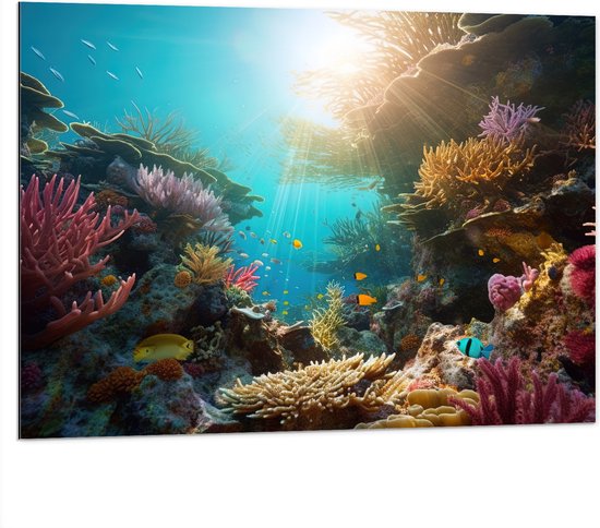 Dibond - Onderwater - Oceaan - Zee - Koraal - Vissen - Kleuren - Zon - 100x75 cm Foto op Aluminium (Wanddecoratie van metaal)