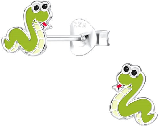 Joy|S - Zilveren slang oorbellen - 7 x 8 mm - groen - kinderoorbellen