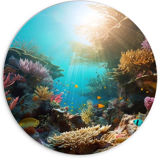 PVC Schuimplaat Muurcirkel - Onderwater - Oceaan - Zee - Koraal - Vissen - Kleuren - Zon - 70x70 cm Foto op Muurcirkel (met ophangsysteem)