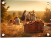 Tuinposter – Picknick - Mand - Eten - Fruit - Mensen - Veldje - 40x30 cm Foto op Tuinposter (wanddecoratie voor buiten en binnen)