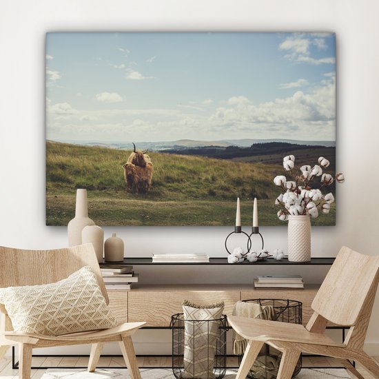 Peinture sur toile Highlanders écossais - Herbe - Nuages ​​- Animaux - 140x90 cm - Décoration murale