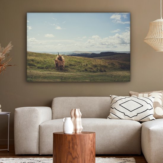 Peinture sur toile Highlanders écossais - Herbe - Nuages ​​- Animaux - 140x90 cm - Décoration murale