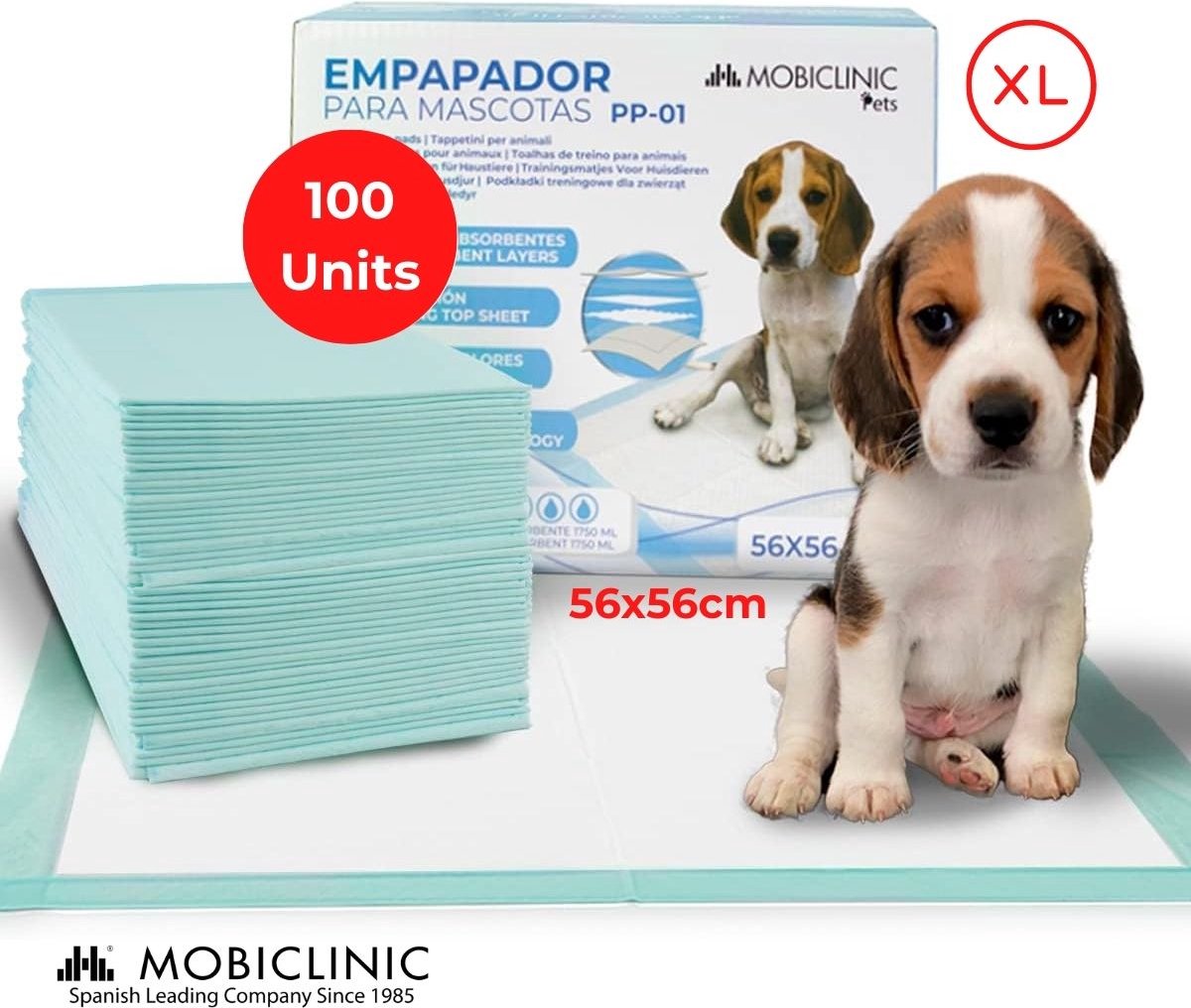 Mobiclinic PP-01 - Pack 100 - Honden Trainingsmatten - XL - 56x56 cm - 6 Lagen - Ultrabevestigend - Hygiënische Onderlegger - Puppy's - Wegwerpproducten - Huisdierentraining - Katten - mobiclinic