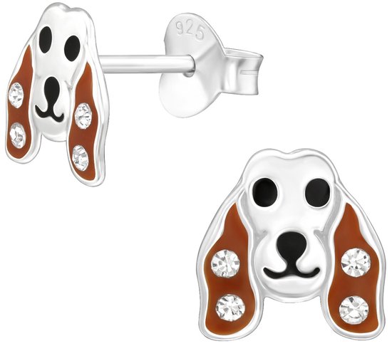 Joy|S - Zilveren hond oorbellen - zilver hondje met bruine oortjes met kristal - 7.3 x 7.4 mm - kinderoorbellen