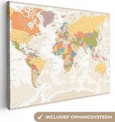 Canvas Wereldkaart - 120x90 - Wanddecoratie Wereldkaart - Retro - Kleuren - Educatief - Staatkundig
