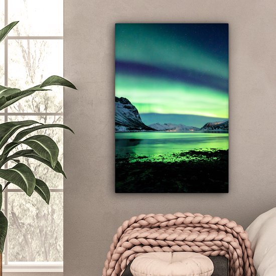 Canvas schilderij - Noorderlicht meer 60x90 - Aurora kamer decoratie accessoires - Schilderijen landschappen woonkamer - Wanddecoratie slaapkamer - Muurdecoratie keuken - Wanddoek interieur binnen - Northern lights woondecoratie huis