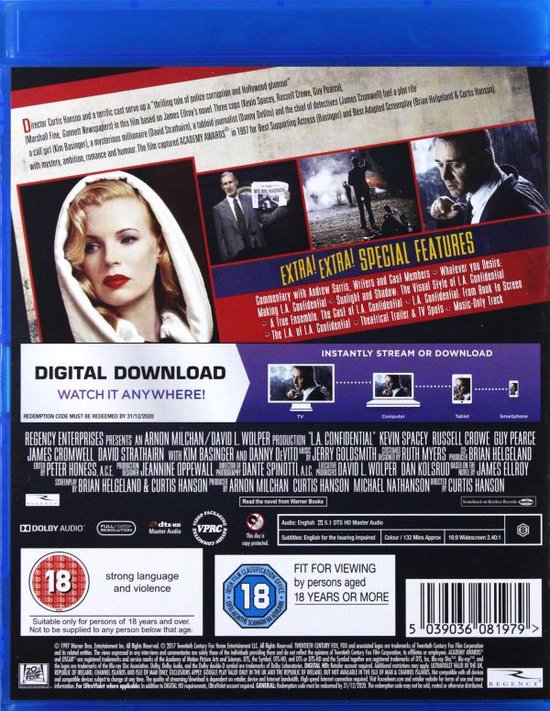 Achterkant Blu-ray L.A. Confidential. Kim Basinger, Russell Crowe, Guy Pearce, Kevin Spacey. Digitale download.