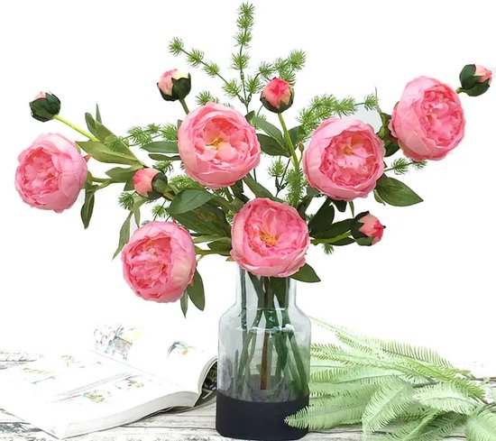 Pivoine de Luxe Real Touch - Ø 10 cm - Double tête - Pivoines - Pivoine - Pink - Rose - Fleurs Fleurs artificielles - Roses artificielles - Bouquet artificiel - Rose - 60 CM - Fleurs en soie - Bloem en latex - Mariage - Mariage