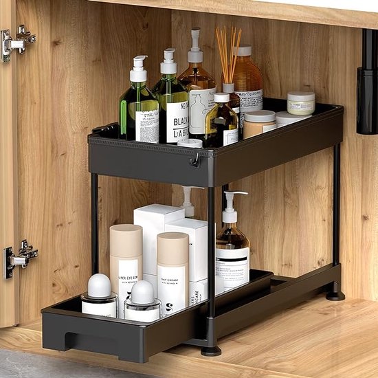SONGMICS Organiseur De Cuisine, Étagère Sous Évier, 2 Paniers Coulissants, Empilable, Pour Rangement Dans Placard, Sous Lavabo, Avec Tiroirs, Pour Cuisine, Salle De Bain, Noir