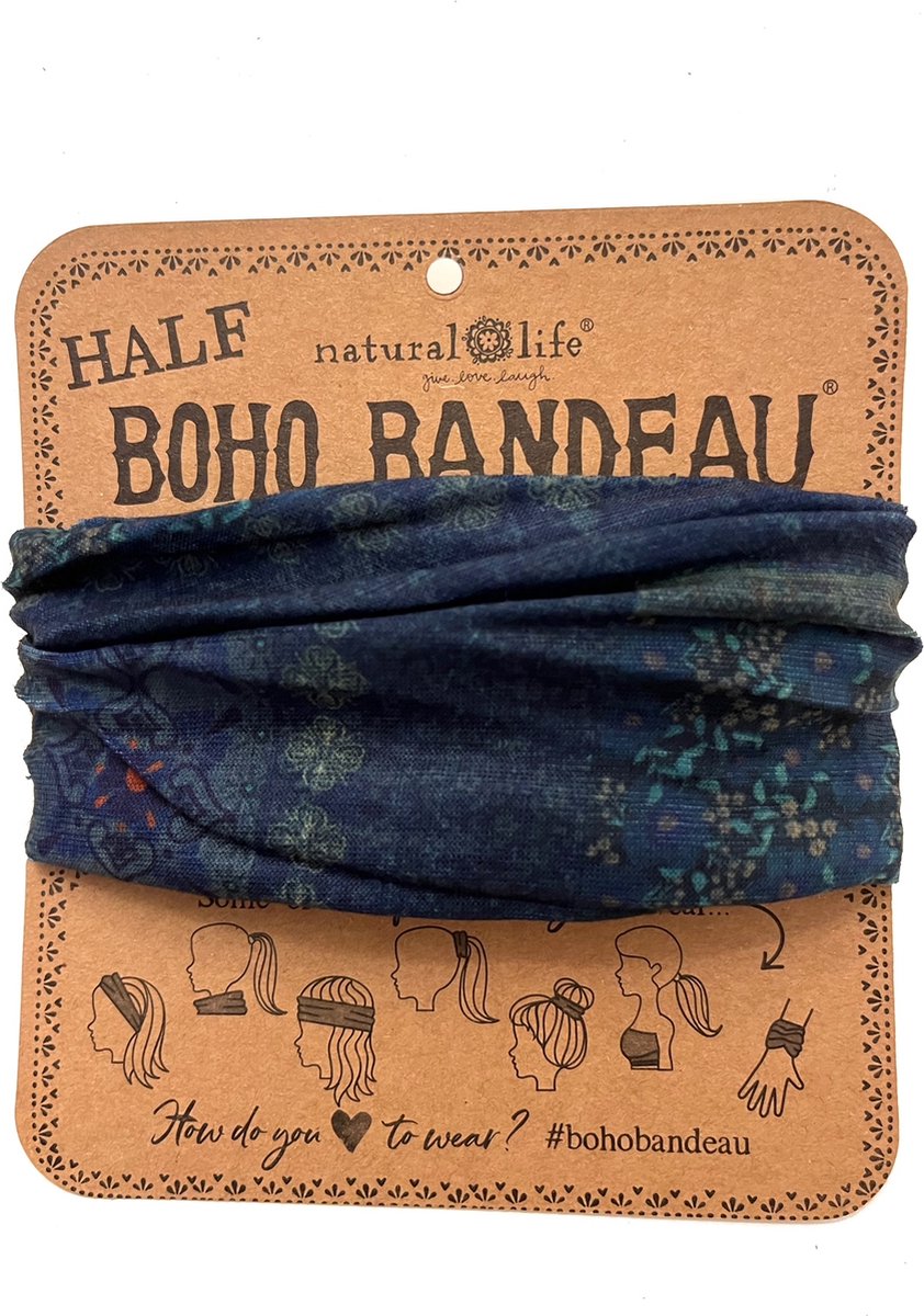Boho Bandeau haarbandje, Natural Life, smalle haarband, donker blauw, bandana sjaaltje, sportbandje, hoofdband