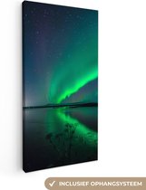 Canvas Schilderij Noorderlicht - IJsland - Sterrenhemel - Groen - Water - 20x40 cm - Wanddecoratie