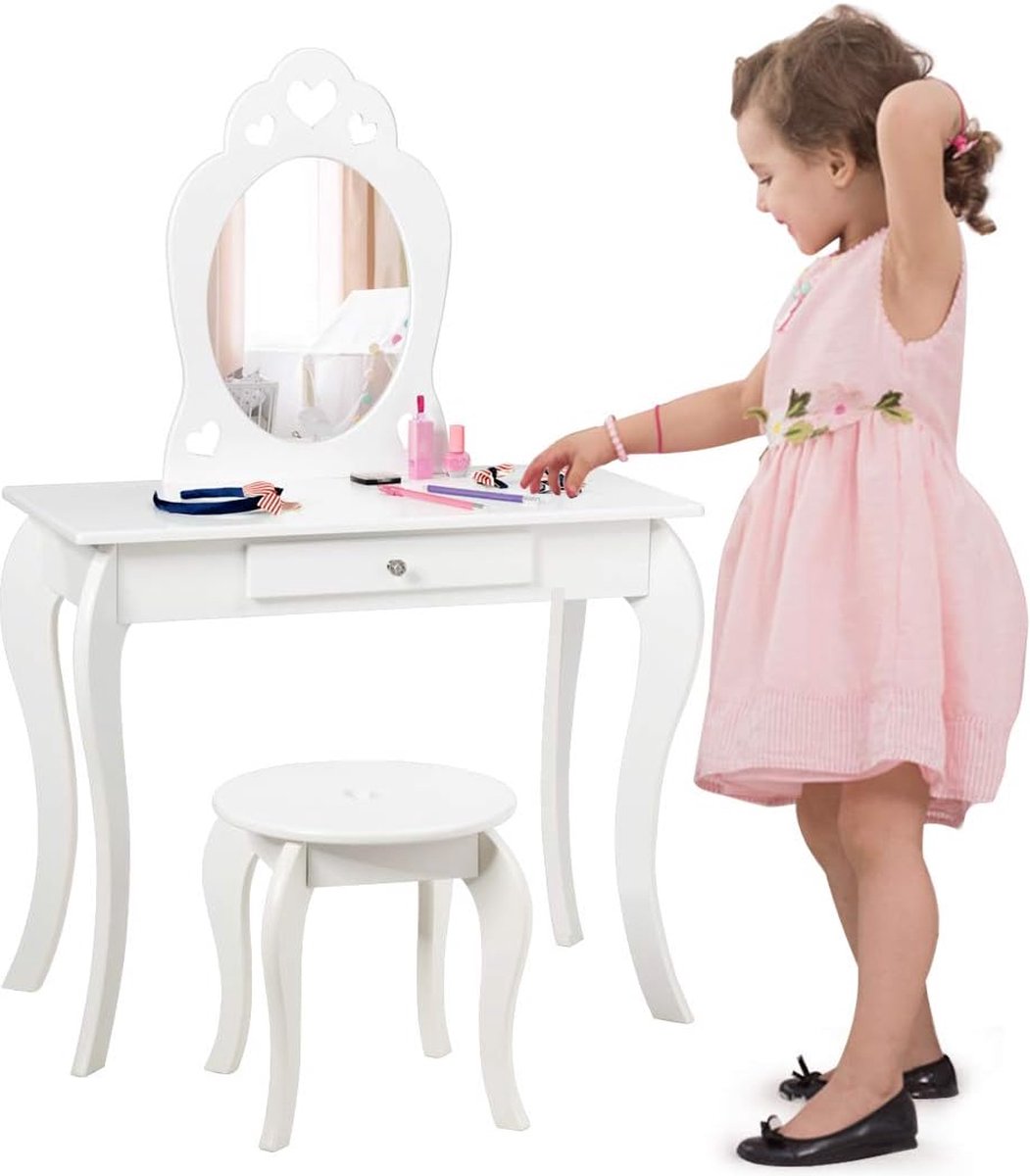 Coiffeuse enfant fille avec miroir amovible 2 en 1 avec tabouret, tiroir et  peigne, en mdf, rose