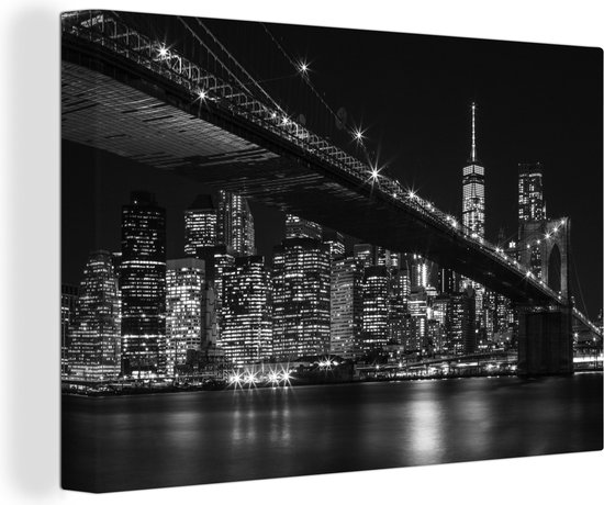 Photo noir et blanc du pont de Brooklyn à New York la nuit Toile 120x80 cm - Tirage photo sur toile (Décoration murale salon / chambre)