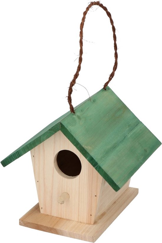 Houten vogelhuisje/nestkastje met groen dak 17 cm - Vogelhuisjes tuindecoraties - Lifetime Garden
