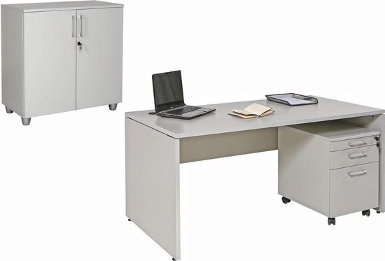 Foto: Furni24 bureauset nuvi grijs decor bestaande uit bureau 180 cm rolblok met 3 laden archiefkast met deuren verstelbare plank 80 cm hoog