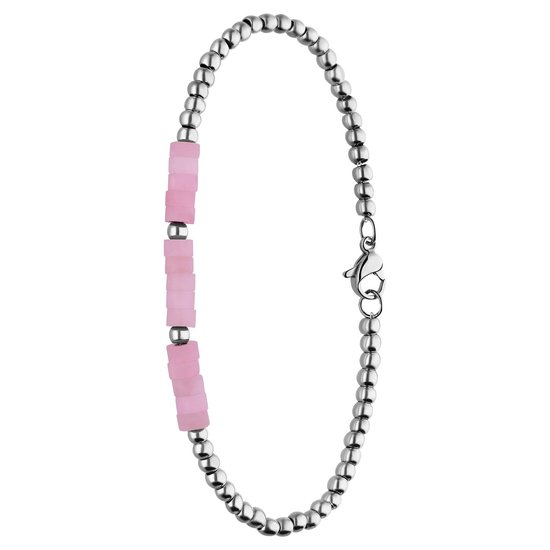 Lucardi Dames Stalen armband met rozenkwarts - Armband - Staal - Zilverkleurig - 20 cm