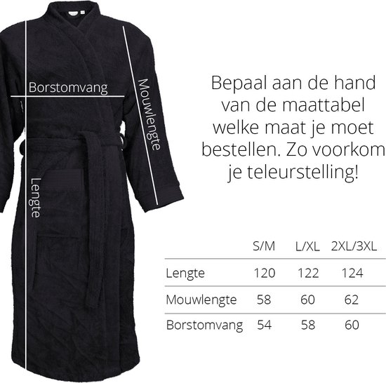 Zwarte badjas met afmetingen: lengte, mouwlengte en borstomvang.